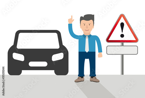 Ein Cartoon als Geschäftsmann mit einem Auto und Warndreieck