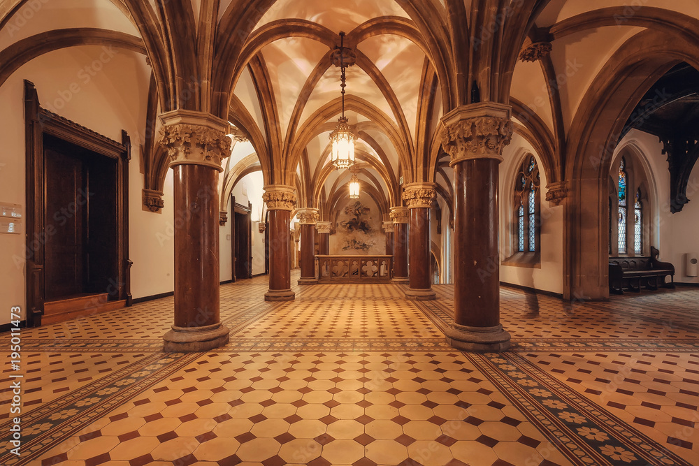 Hall with columns and arches of gothic style New Town Hall, Neues Rathausbuilt in 1908. Munich