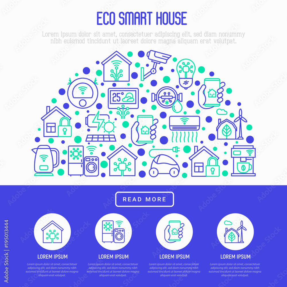 Eco smart house concept in half circle with thin line icons: solar battery, security, light settings, appliances, artificial intelligence, mobile app control. Energy saving vector illustration. Eco smart house concept in half circle with thin line icons: solar battery, security, light settings, appliances, artificial intelligence, mobile app control. Energy saving vector illustration.