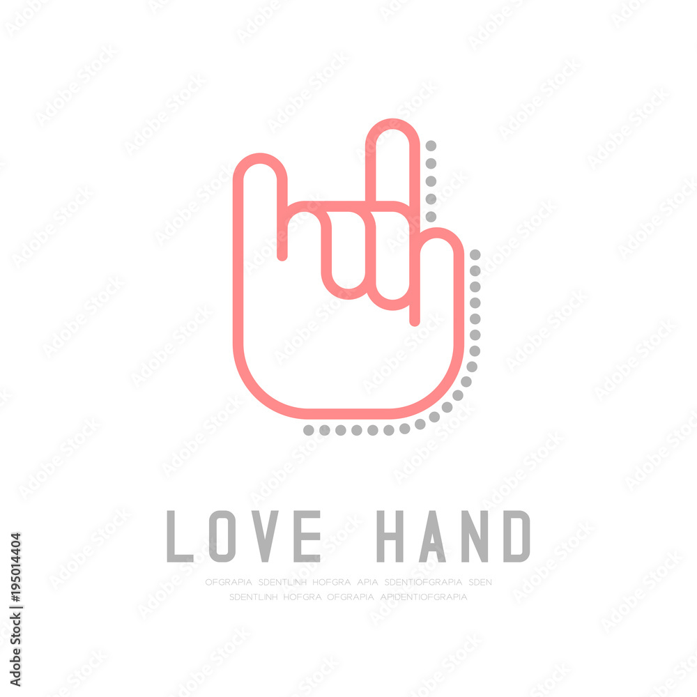 I love you Hand finger with dot shadow logo icon, sign language concept outline stroke flat design brown and grey color illustration isolated on white background with copy space, vector eps 10