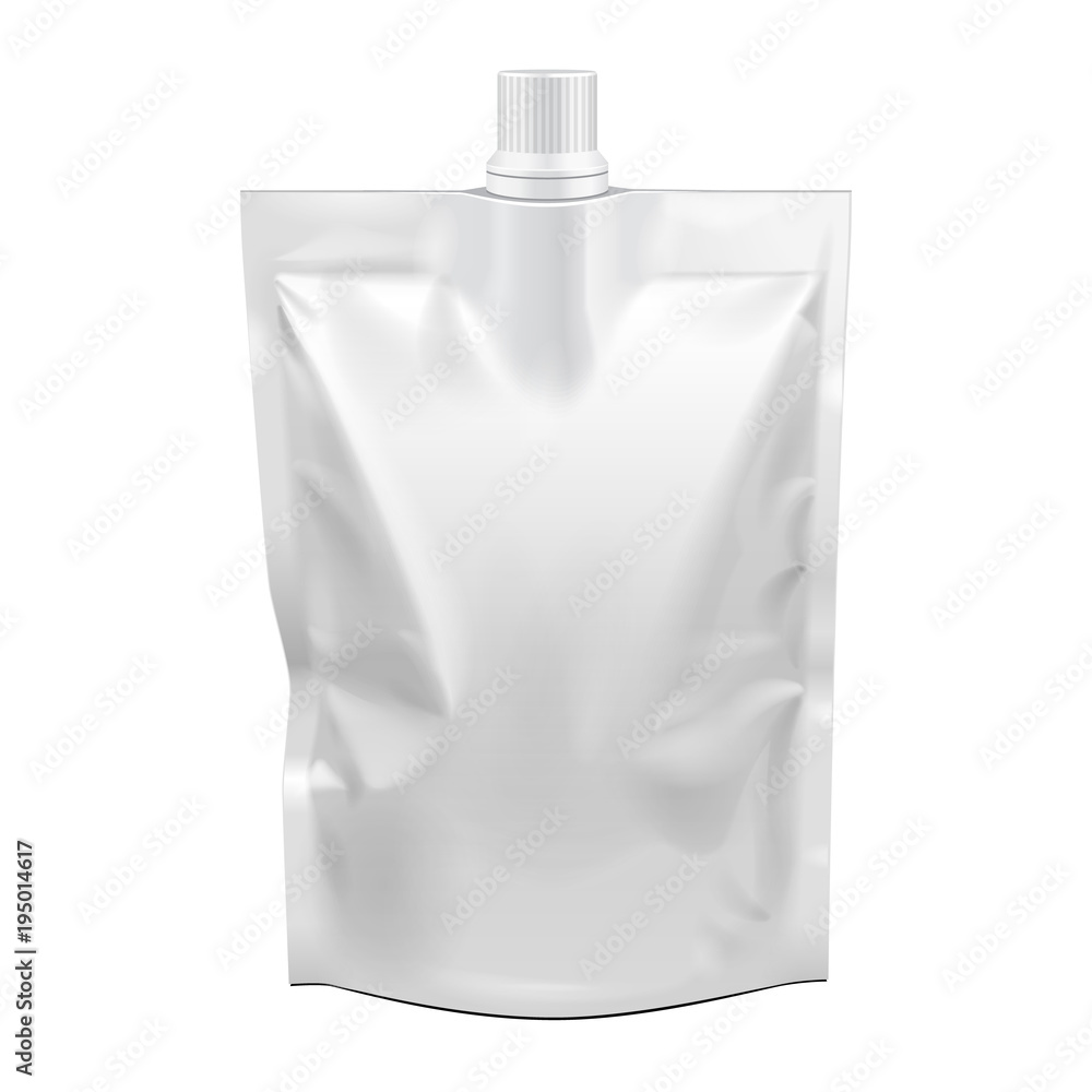 Blank Food Stand Up Flexible Pouch Sachet Bag With Spout Lid. Mock Up, Template. Illustration Isolated On White Background. Ready For Your Design. Product Packaging. Vector EPS10 Blank Food Stand Up Flexible Pouch Sachet Bag With Spout Lid. Mock Up, Template. Illustration Isolated On White Background. Ready For Your Design. Product Packaging. Vector EPS10
