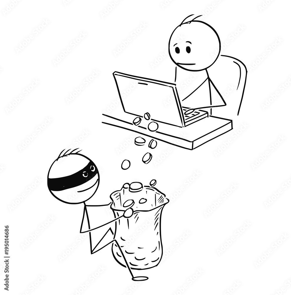 Cartoon stick man drawing conceptual illustration of businessman working on computer while hacker is stealing him money or using his computer for cryptocurrency mining. Cartoon stick man drawing conceptual illustration of businessman working on computer while hacker is stealing him money or using his computer for cryptocurrency mining.