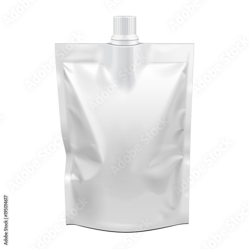 Blank Food Stand Up Flexible Pouch Sachet Bag With Spout Lid. Mock Up, Template. Illustration Isolated On White Background. Ready For Your Design. Product Packaging. Vector EPS10