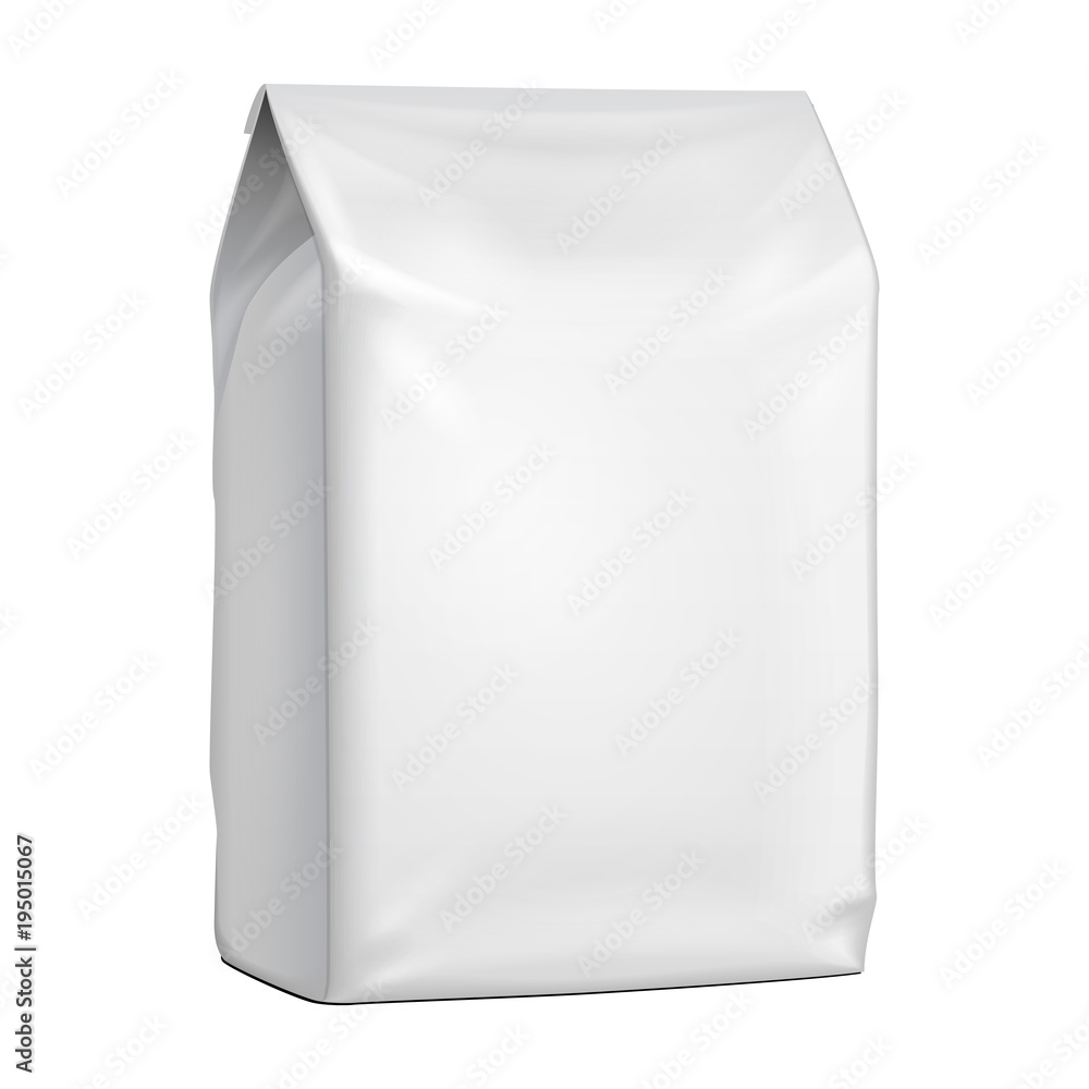 Blank Stand Up Pouch Snack Sachet Bag. Mock Up, Template. Illustration Isolated On White Background. Ready For Your Design. Product Packaging. Vector EPS10 Blank Stand Up Pouch Snack Sachet Bag. Mock Up, Template. Illustration Isolated On White Background. Ready For Your Design. Product Packaging. Vector EPS10