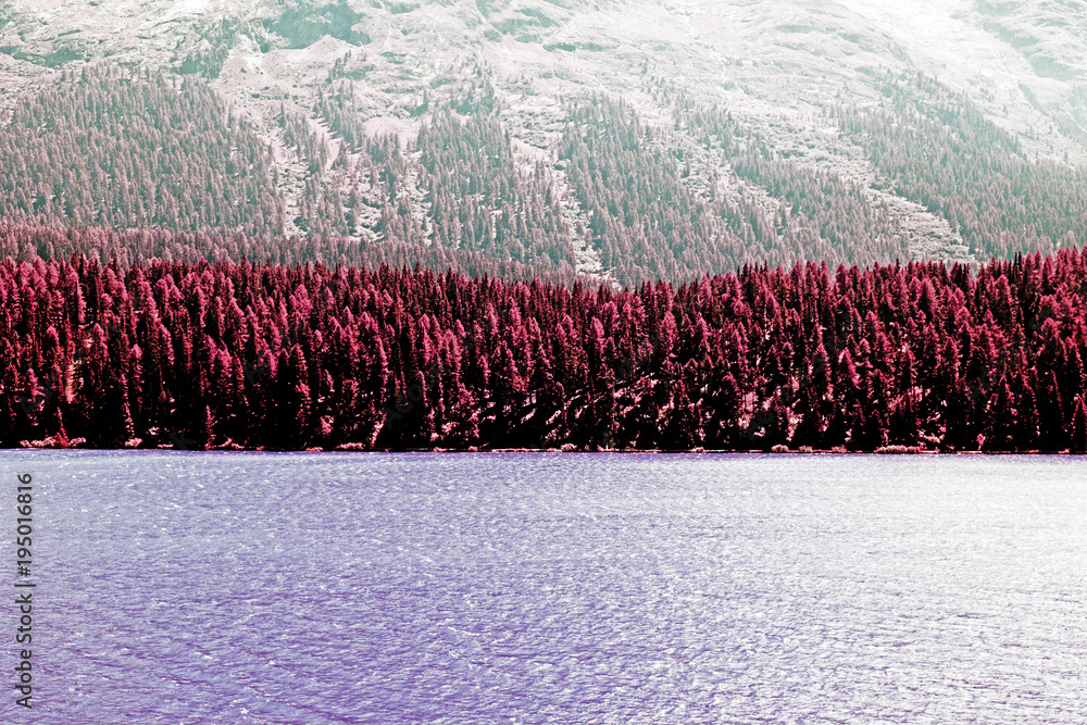 Φωτογραφία A view of a lake, forest and mountains in the alps switzerland in color infrared
