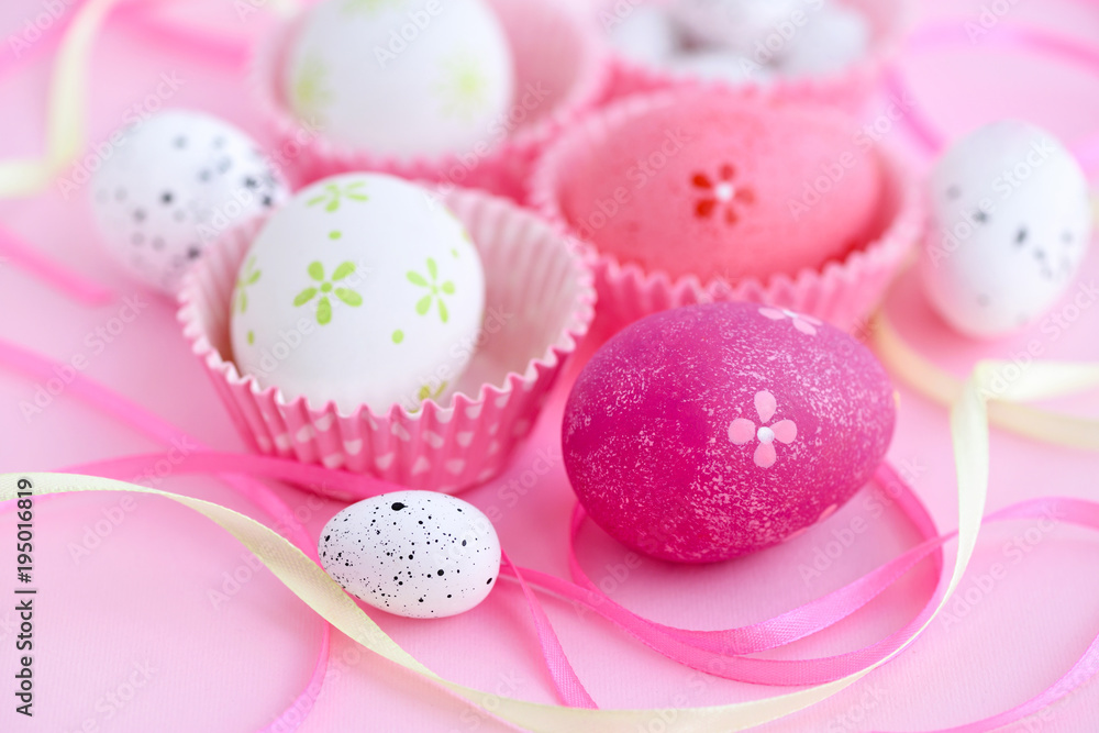 Festive background with easter eggs and ribbons