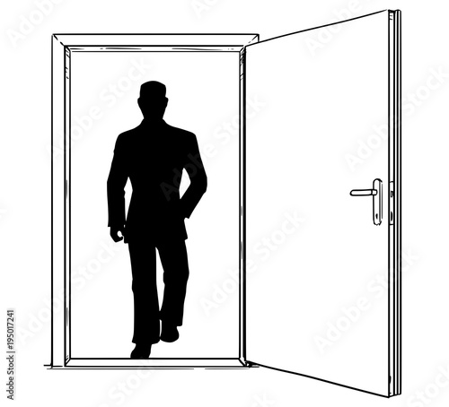 Cartoon stick man drawing conceptual illustration of open modern door and businessman silhouette walking through or incoming. Business concept of decision, risk and challenge.