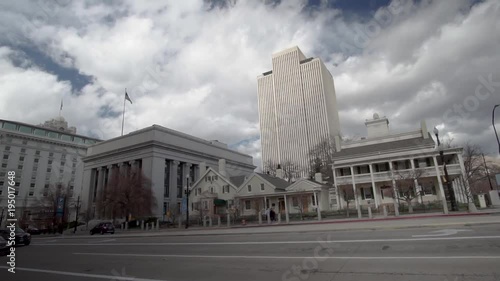 Static shot on South Temple Street of the LDS Administration building, Office Building, Joseph Smith Memorial Building, Beehive House and Brigham Young residence
