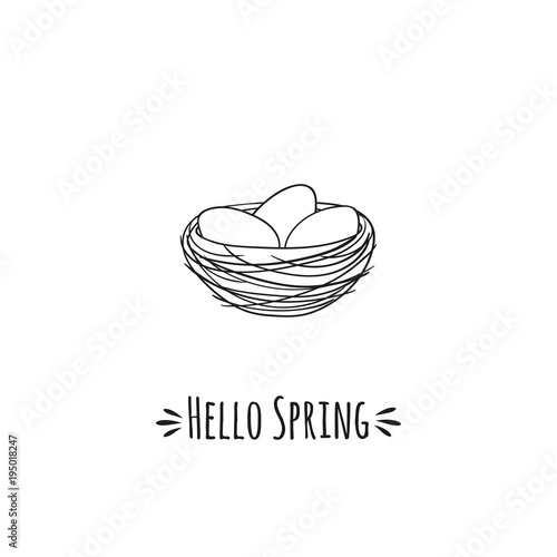 Cozy nest with bird eggs and inscription Hello spring. Black and white vector illustration.