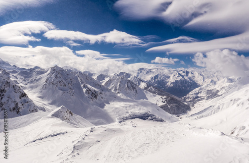 Winter mountains panorama with ski slopes, Bareges, Pyrennees, France