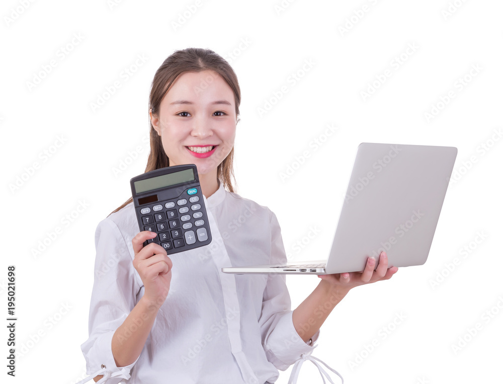 Cute Business Woman. Young business woman holding calculator and laptop, business concept. Cute Business Woman. Young business woman holding calculator and laptop, business concept.