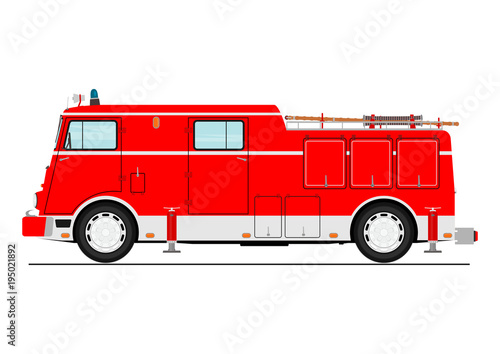 Cartoon classic fire truck. Side view. Flat vector.