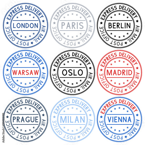 Postmarks. Collection of ink stamps with european cities