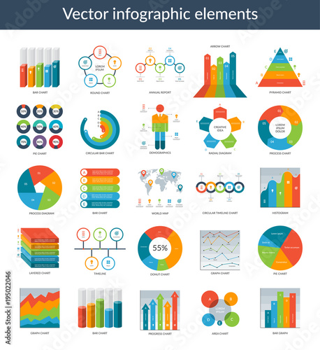 Infographic elements. Set of simple templates - circle, pie chart, world map, arrow, timeline, diagram, graph etc. Can be used for web, analytics, statistics, presentation, data visualisation, report