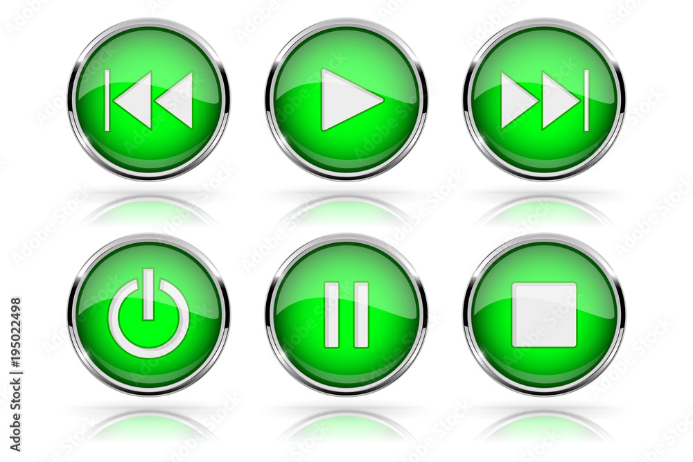 Media buttons. Green round glass buttons with chrome frame Media buttons. Green round glass buttons with chrome frame