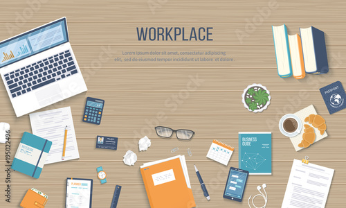 Workplace background. Top view of a wooden table with laptop, books, documents, folder, notepad, calculator, calendar, passport, business card. Vector illustration
