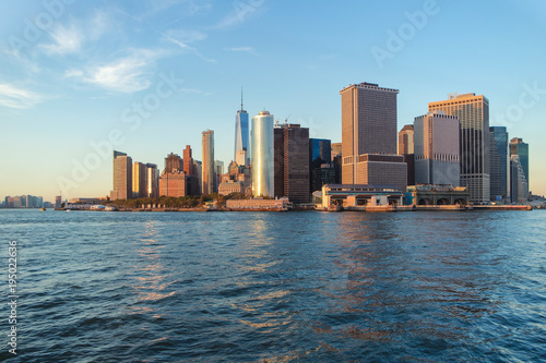 Manhattan view from the Hudson river at sunset