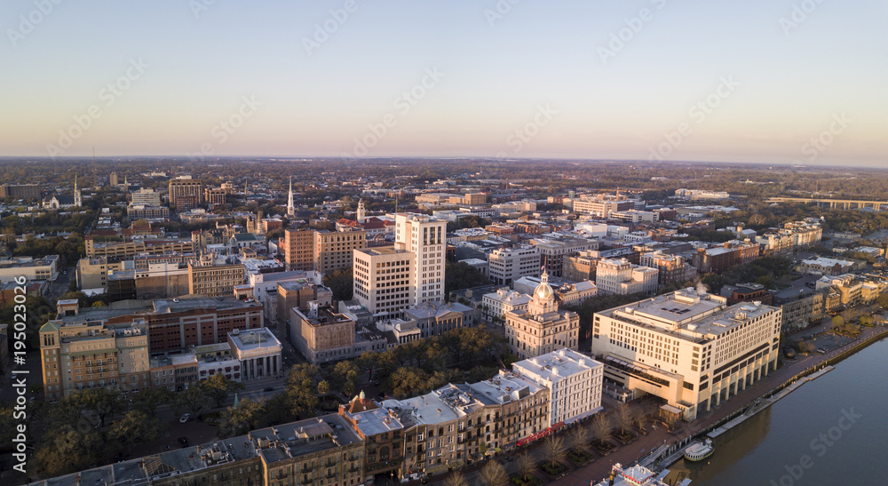 Aerial panorama of downtown Savannah, Georgia at dawn.