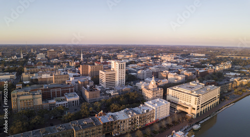 Aerial panorama of downtown Savannah, Georgia at dawn.