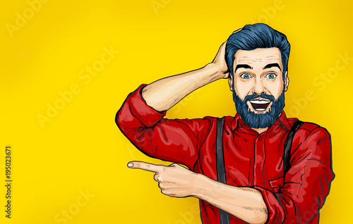 Man with shocked facial expression. Surprised Man in comic style. Man showing. Advertisement. Smiling man. Wow. shock, cool, work, 1960s, pop, art, retro, model, advice, young, kitsch, idea, sale, yes