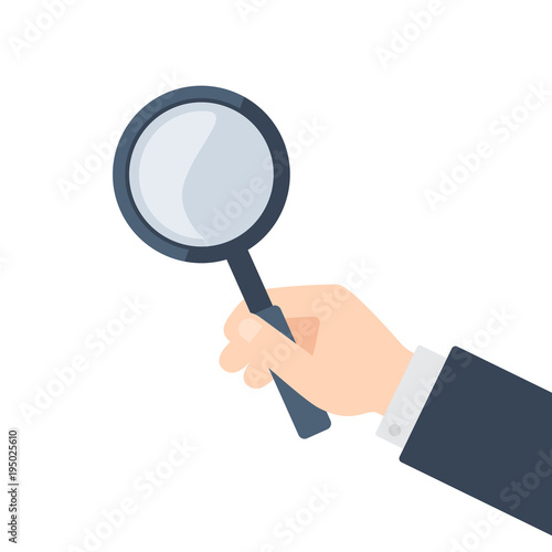 Human hand holding transparent magnifying glass vector illustration isolated on white background. Search concept.