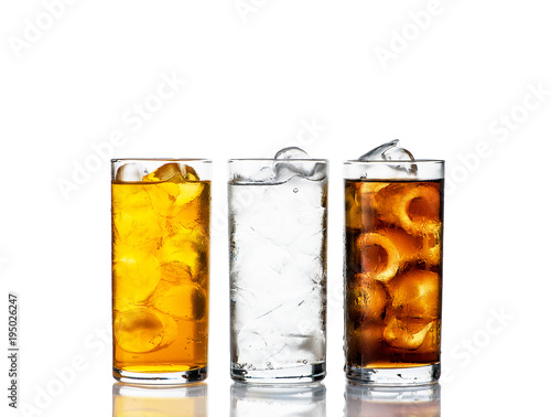 three drinks with ice in a range on a white background