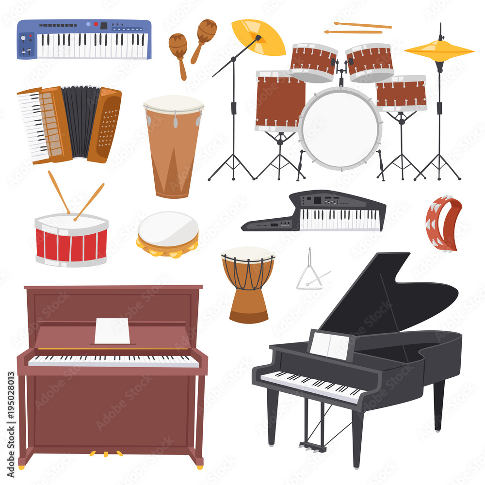 Musical instruments vector music concert with piano or musicians  synthesizer and drum kit illustration set of music accordion isolated on  white background vector de Stock | Adobe Stock