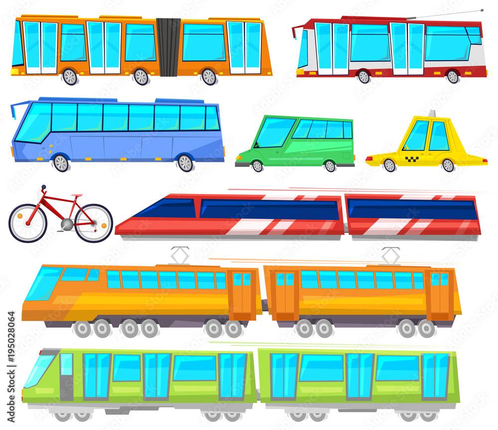 Transport vector public bus or train transported passengers and car or ...
