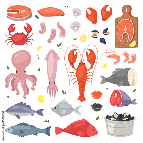 Seafood vector sea fish shellfish and lobster on fishmarket illustration fishery set of salmon prawn for ocean gourmet dinner isolated on white background