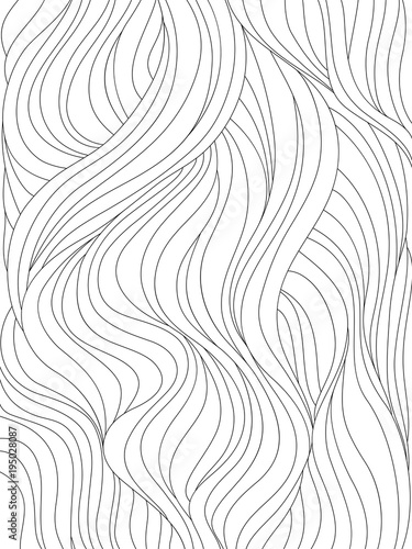 Abstract wavy background. Monochrome pattern with waves or hair. Black and white vector illustration. Can be used for coloring book, prints.