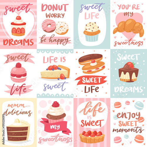 Sweets lettering vector confectionery cupcake sign and sweet confection chocolate dessert with caked candies template for typography illustration confected donut set isolated on white background