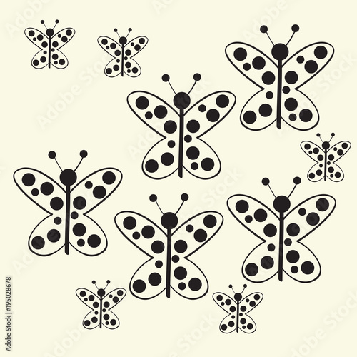 Butterfly with ellipses , colorless pattern . Hand drawn.