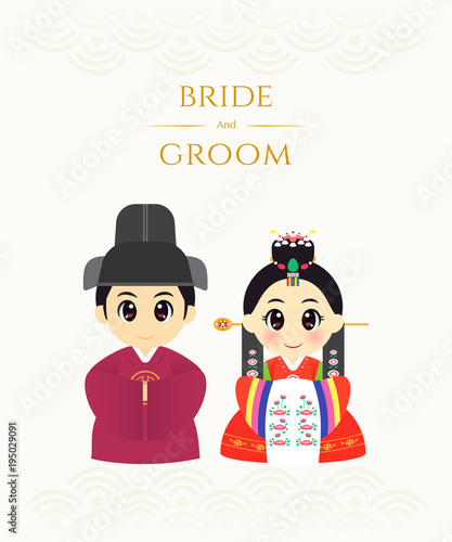 Korean wedding invitation card vector illustration. Bride and Groom in Korean traditional wedding dress costume.