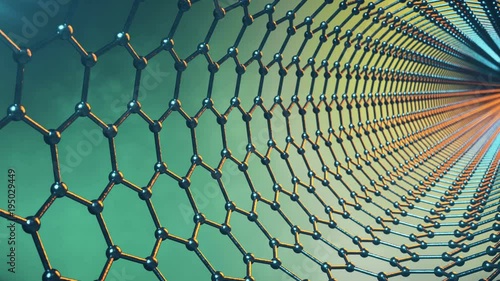 Graphene atom nanostructure loopable animation. Nanotube in form of honeycomb. Concept Nanotechnology and sciences. 4K 3d animation photo