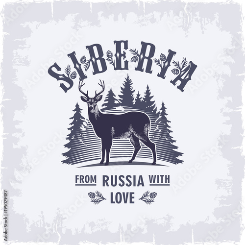 Сибирь, Олень на фоне елей, рога, в синем цвете, Россия, любовь, винтаж, иллюстрация, вектор