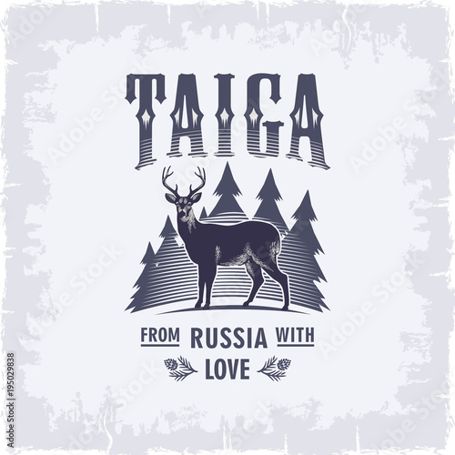 Тайга, Олень на фоне елей, рога, в синем цвете, Россия, любовь, винтаж, иллюстрация, вектор