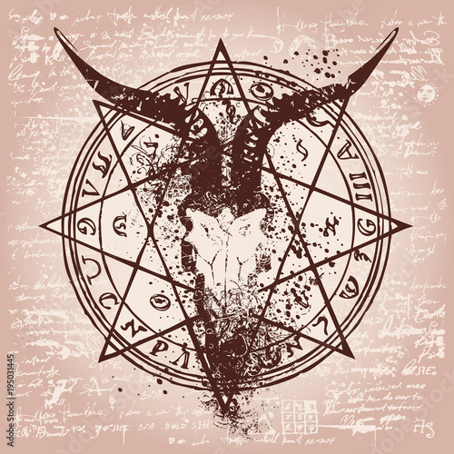 Vector banner with illustration of goat skull and pentagram with magical inscriptions, symbols and spots on the background of old papyrus or manuscript in grunge style