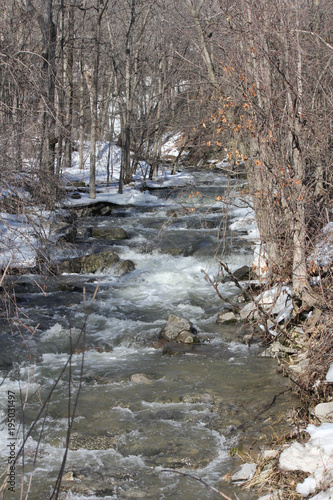 Water melt-off swiftly running down a rocky slope during a seasonal melt.

