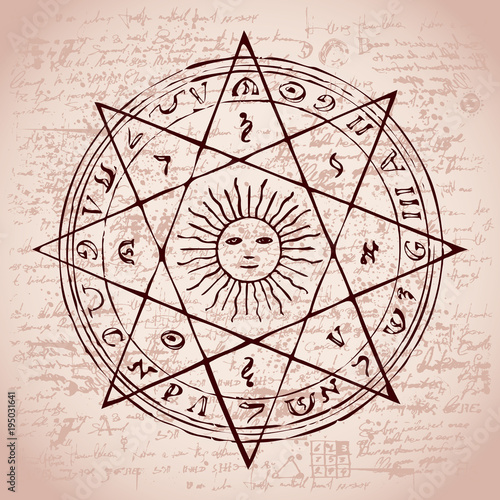 Illustration of the sun in an octagonal star with magical inscriptions and symbols on the background of an old papyrus or manuscript with spots. Vector banner in retro style