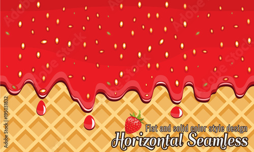 Vector Wafer and strawberry jam flowing horizontally seamless.