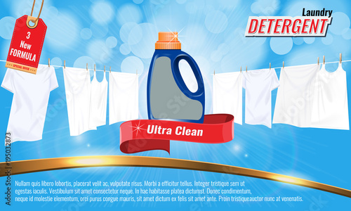 Laundry detergent ads template with package design, white clothes and nice bokeh. photo