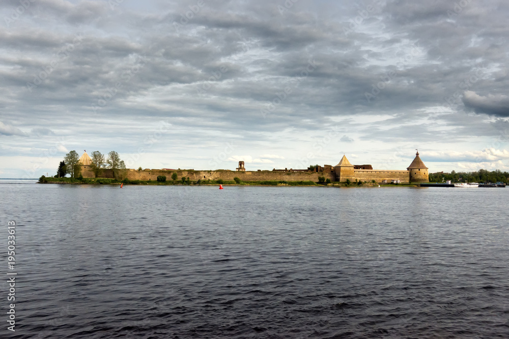 Ancient Fortress Oreshek (Nutlet) on the Neva river near Ladoga lake, Shlisselburg, Russia. Fortress walls and towers.