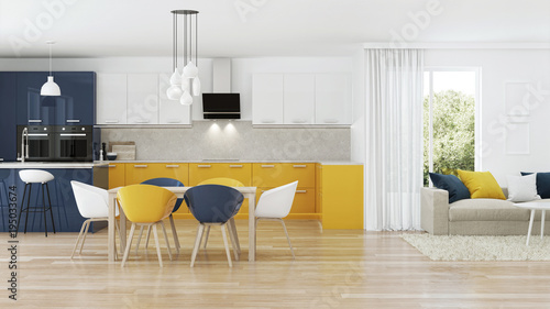 Modern house interior with yellow kitchen. 3D rendering.