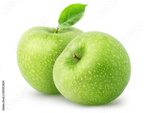 Isolated wet apples. Two whole green apple fruits isolated on white background with clipping path