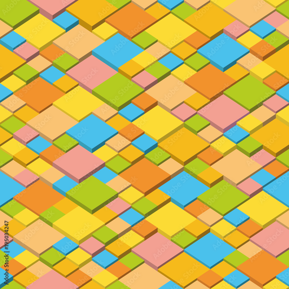 Abstract geometric seamless background, cubic mosaic structure. Summer colors isometric pattern