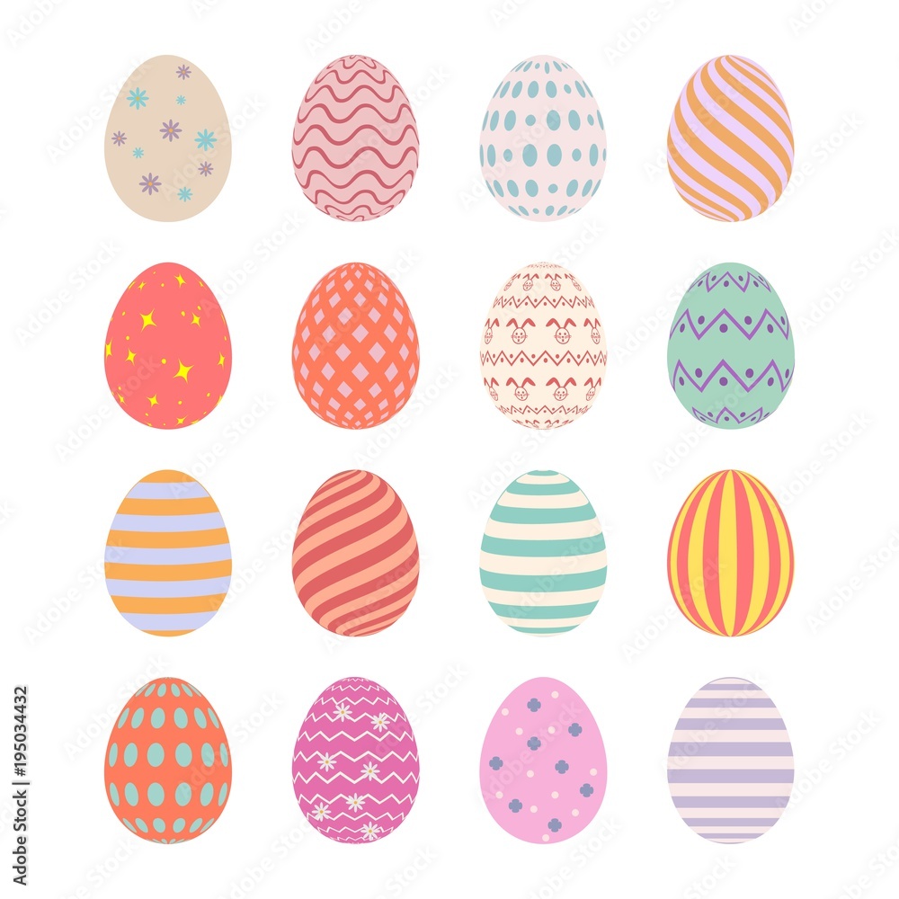 Happy Easter. Set of Easter eggs with different texture on a white background. Spring holiday. Flat isolated vector illustration on a white background.