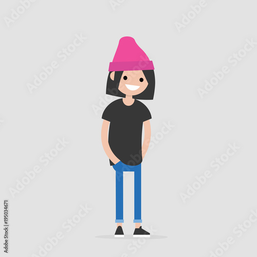 Young female friendly character standing with hands in pockets. Flat editable vector illustration, clip art