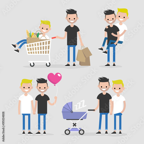 Gay couple, lifestyle set. Homosexual relationships. Dating and daily life. Flat editable vector illustration, clip art