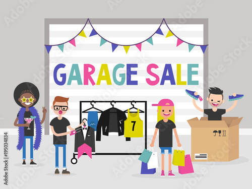 A group of young people selling and buying things at the garage sale