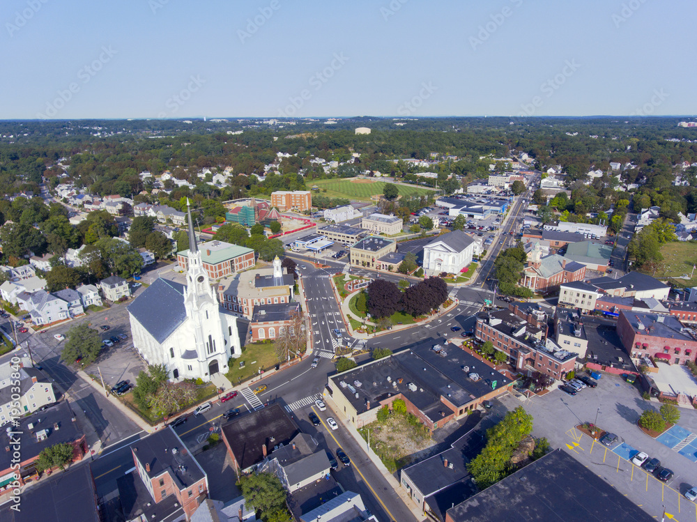 Woburn First Congregational Church aerial view in downtown Woburn, Massachusetts, USA.